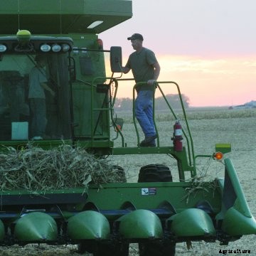 A farmer and his son stand on a combine.