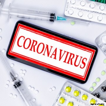 Coronavirus surrounded by needles and pills