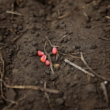 Treated corn seed lying on top of soil