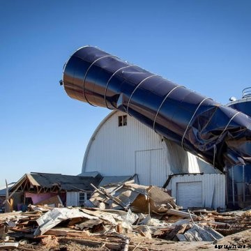 A mangled blue silo crushes a white barn after a tornado struck this Minnesota farm on September 20, 2018