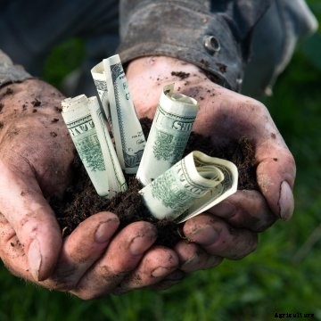 A farmer holding money in his hands.