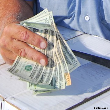 A farmer holding money while sitting at a picnic table.